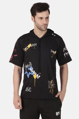 cnw Graphic Print Men Hooded Neck Black T-Shirt