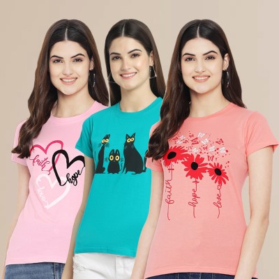 METRONAUT Printed Women Round Neck Pink, Blue T-Shirt