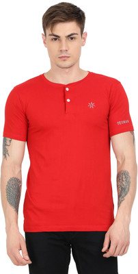 Texman Solid Men Henley Neck Red T-Shirt
