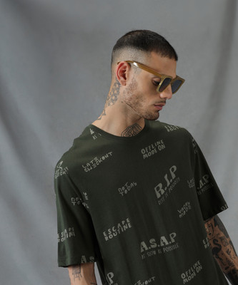 WROGN Typography Men Round Neck Dark Green, Grey T-Shirt