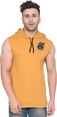 BEYOU FASHION Solid, Printed Men Hooded Neck Beige T-Shirt