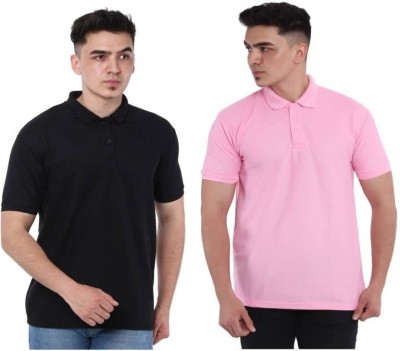 Exattire Solid Men Polo Neck Black, Pink T-Shirt