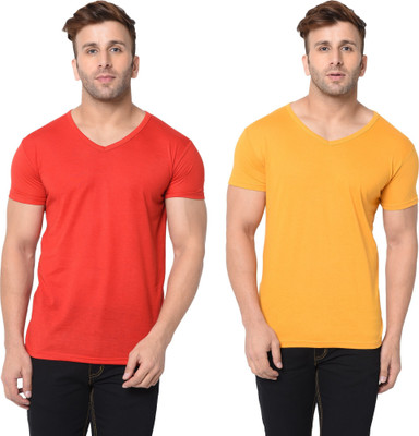 Tresna Trending Solid Men V Neck Red, Yellow T-Shirt