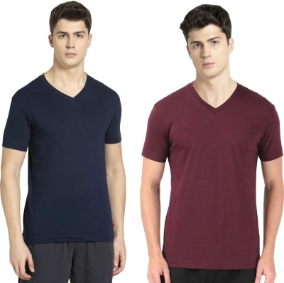 JOCKEY Solid Men V Neck Dark Blue, Maroon T-Shirt