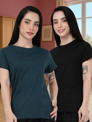Kryptic Solid Women Round Neck Multicolor T-Shirt