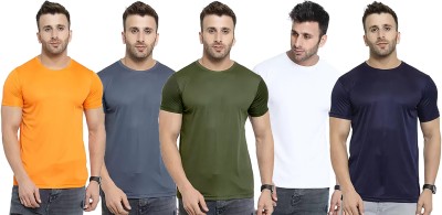 Think Tech Solid Men Round Neck Yellow, Grey, Dark Green, White, Dark Blue T-Shirt