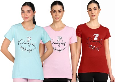 Paavki Printed Women Round Neck Light Blue, Pink, Red T-Shirt