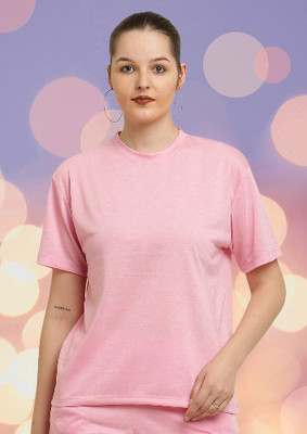 CANIDAE Solid Women Round Neck Pink T-Shirt
