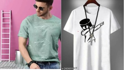 Kyanshi Fashion Printed Men Round Neck Light Green, White T-Shirt