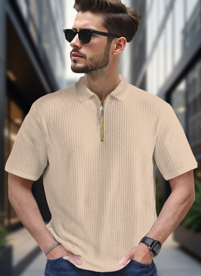 Conway Self Design Men Zip Neck Beige T-Shirt