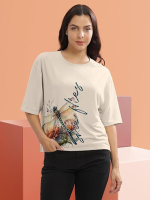 WEXAM STYLE Printed Women Crew Neck Reversible Beige T-Shirt