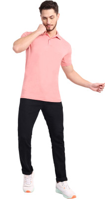 Stroove Solid, Printed Men Polo Neck Pink T-Shirt