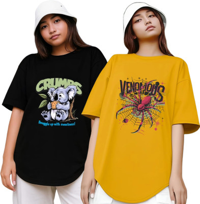 Xsware Printed Women Round Neck Black, Yellow T-Shirt