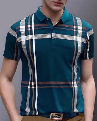 AUSK Checkered Men Polo Neck Dark Blue, White T-Shirt