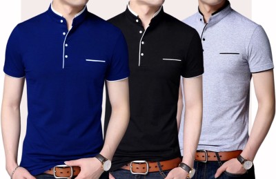 GulGuli Solid Men Mandarin Collar Blue, Black, Grey T-Shirt