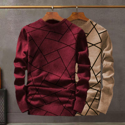 Try This Striped Men Round Neck Beige, Maroon T-Shirt