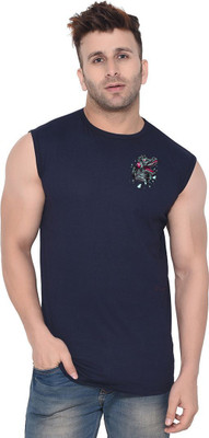 Money Leaf Graphic Print Men Round Neck Blue T-Shirt