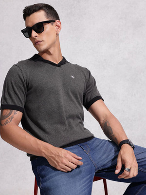 WROGN Self Design Men Polo Neck Grey T-Shirt