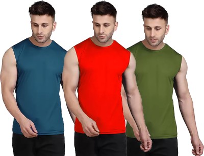 Renowned Solid Men Round Neck Blue, Red, Dark Green T-Shirt