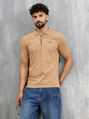WROGN Solid Men Polo Neck Beige T-Shirt