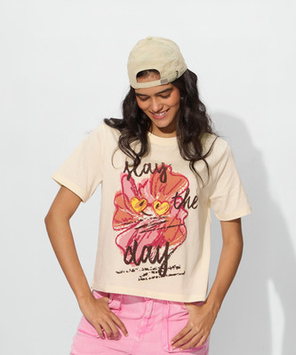 The Souled Store Graphic Print Women Round Neck Yellow T-Shirt