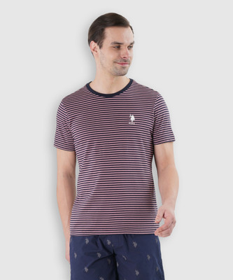 U.S. POLO ASSN. Striped Men Round Neck Pink, Navy Blue T-Shirt