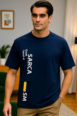 Autna Typography Men Round Neck Navy Blue T-Shirt