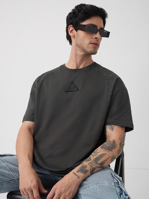 The Souled Store Embroidered Men Round Neck Grey T-Shirt