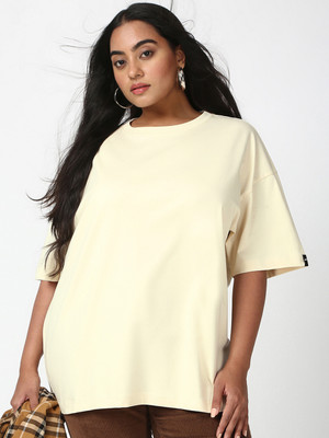 BEWAKOOF Solid Women Round Neck Beige T-Shirt