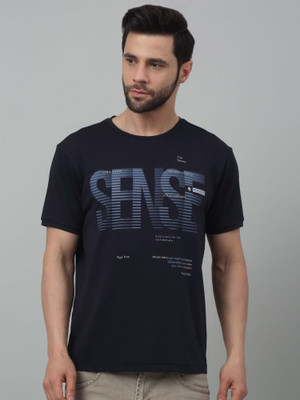 CANTABIL Striped, Typography Men Round Neck Navy Blue T-Shirt