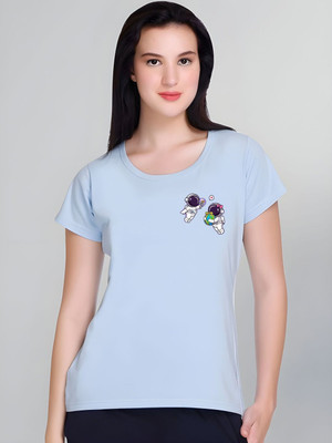 Moda Rapido Graphic Print Women Round Neck Light Blue T-Shirt
