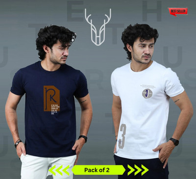 t-hustler Printed Men Round Neck Navy Blue, White T-Shirt