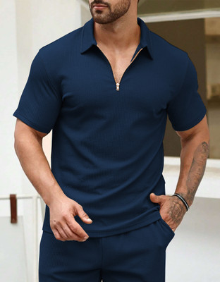 KAJARU Self Design Men Polo Neck Dark Blue T-Shirt