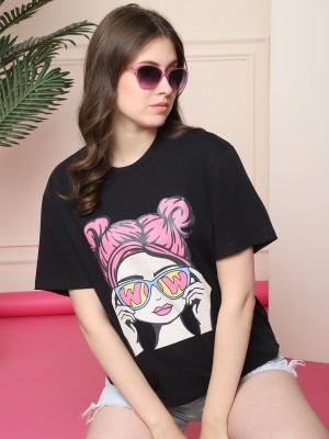 Fabflee Printed Women Round Neck Black T-Shirt