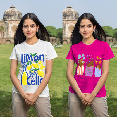 Parona Graphic Print Women Round Neck White, Pink T-Shirt