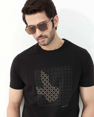 RARE RABBIT Printed Men Round Neck Black T-Shirt