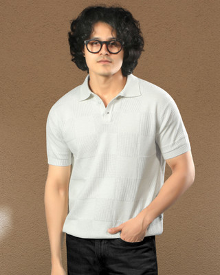 SaintArebian Self Design Men Polo Neck White T-Shirt