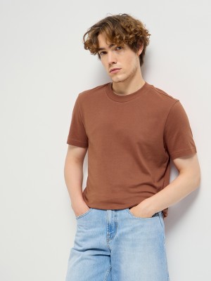 THE BEAR HOUSE Solid Men Round Neck Brown T-Shirt