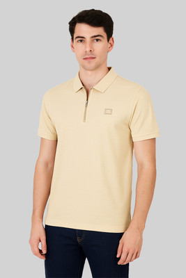 Sportz Fit Solid Men Polo Neck Beige T-Shirt