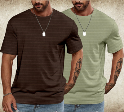 PRAIZY Striped Men Round Neck Light Green, Brown T-Shirt