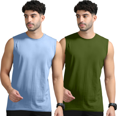 Adorbs Solid Men Round Neck Blue, Dark Green T-Shirt