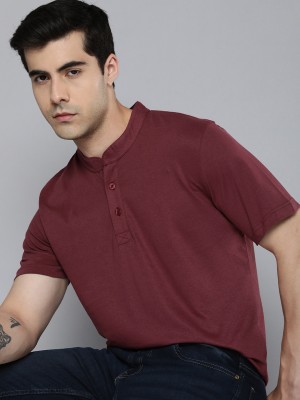 ether Solid Men Mandarin Collar Maroon T-Shirt