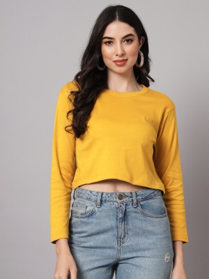 GUTI Solid Women Round Neck Yellow T-Shirt