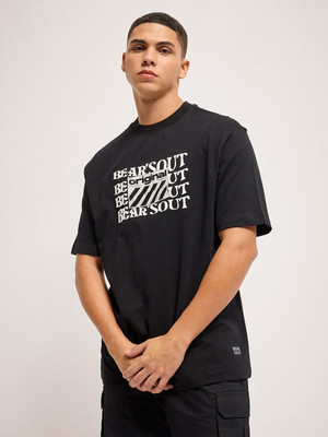 THE BEAR HOUSE Self Design Men Round Neck Black T-Shirt