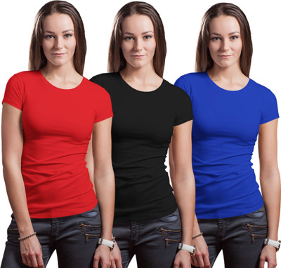 Stylewill Solid Women Round Neck Red, Black, Blue T-Shirt