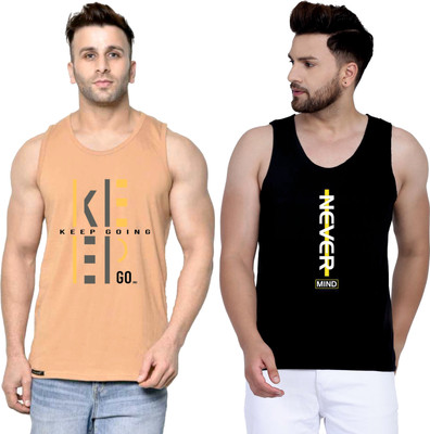 SLOWLORIS Printed Men Round Neck Beige, Black T-Shirt