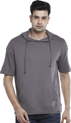 PEOPLE Self Design Men Hooded Neck Grey T-Shirt
