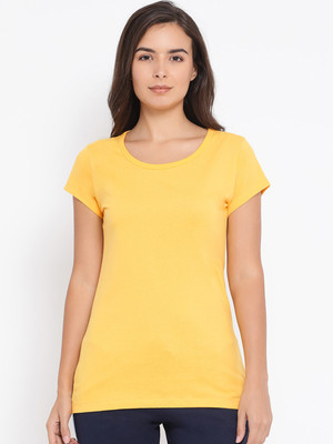 Macrowoman W-Series Solid Women Round Neck Yellow T-Shirt