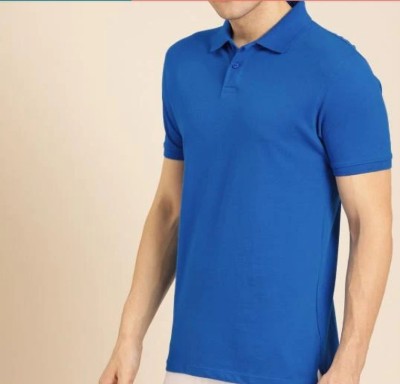 CRAFTING CLUB Solid Men Polo Neck Blue T-Shirt