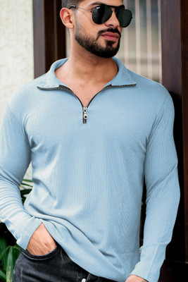 INDICLUB Self Design Men Polo Neck Light Blue T-Shirt